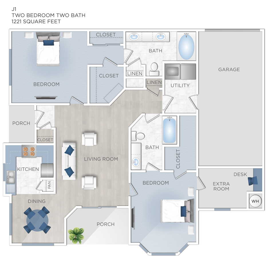 Floor plan for 2 beds, 2 baths, 1221 sqft